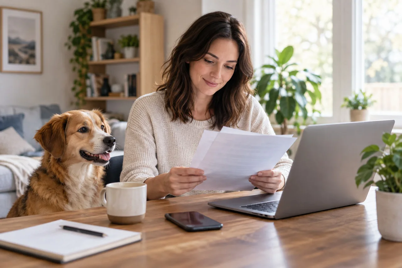 Owner reading a sheet of paper at a laptop beside a golden-colored dog